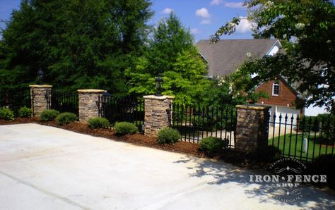 Iron Fence Mounted to Stone Columns Iron Fence Panels, Boundry Wall, Perimeter Fence, Wood Pillars, Short Fence, Brick Pillars, Garden Pallet, Brick Fence, Stone Pillars