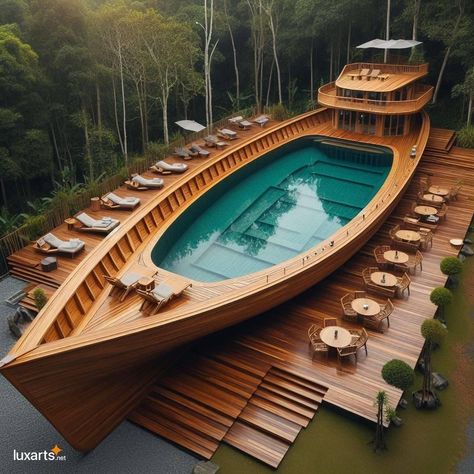 Wooden Swimming Pool, Boat Garden, Unique Home Designs, Unique Pool, Boat Pool, Wooden Pool, Swimming Pool Architecture, Wooden Boat Building, Resort Design