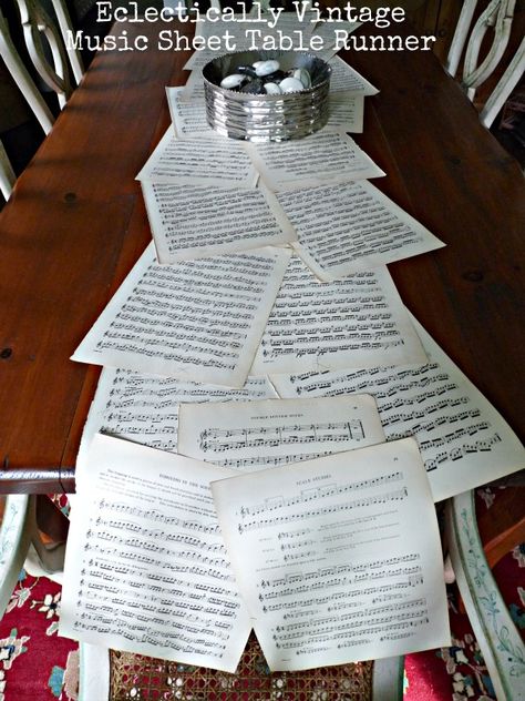 Music Sheet Crafts - love this table runner (my guests loved it)!  eclecticallyvintage.com Music Party Centerpieces, Band Banquet Ideas, Diy Table Runner Wedding, Music Centerpieces, Vintage Music Sheet, Sheet Music Crafts, Crafts Table, Music Themed Parties, Music Themed Wedding