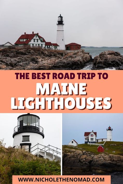 Maine Lighthouses Map, Lighthouse Road Trip, England Road Trip, New England Lighthouses, Maine In The Fall, Maine Road Trip, Freeport Maine, Portland Head Light, Maine Lighthouses