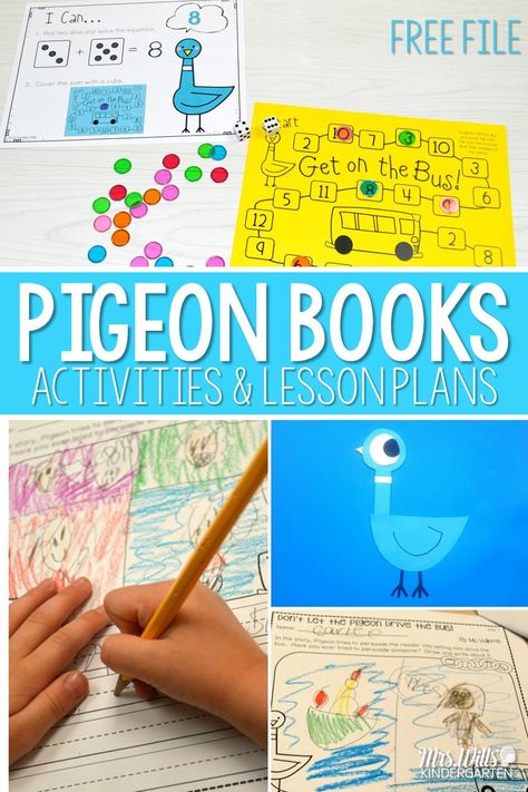 Pigeon Book Lesson Plans and Activities for Mo Willems hilarious books!  Kindergarten and First Grade work on reading comprehension in these close read lessons.  Also includes crafts, a snack, and a free math game! Pigeon Directed Drawing, Mo Willems Activity, Drawing Kindergarten, Mo Willems Author Study, Directed Drawing Kindergarten, Pigeon Books, Books Kindergarten, Free Math Games, Author Study