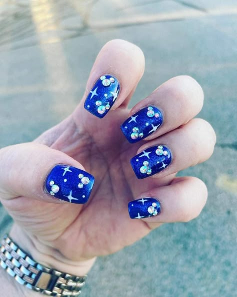 Disney Rhinestone Nails, Fantasia Nails Disney, Cute Disney Gel Nails, Rhinestone Mickey Nails, Disney Nails Sns, Disney Blue Nails, Disney 100th Anniversary Nails, Disney Nails With Rhinestones, Disney Firework Nails