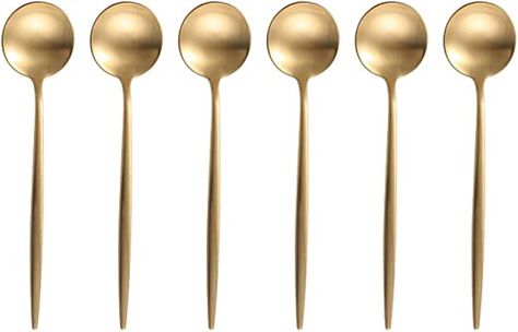 Amazon.com | BRIIEC Gold 18/10 Stainles Steel Coffee Spoons, Slim Cutlery for Kitchen Hotel Restaurant Wedding Party, Matte Finish, Dishwasher Safe, Pack of 6: Flatware Camping Salads, Salad Spoon, Pretty Coffee, Gold Spoon, Stainless Steel Utensils, Ice Cream Spoon, Root Beer Float, Western Food, Restaurant Wedding