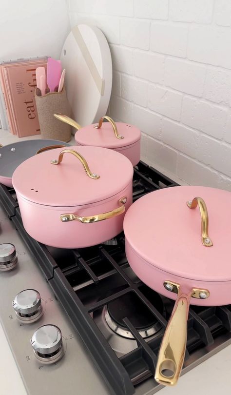 pink kitchen cookware and appliances Pink Cookware, Pink Kitchen Utensils, Pink Kitchen Appliances, Pink Utensils, Retro Pink Kitchens, Pink Apartment, Pink Kitchen Decor, House Essentials, Dream Apartment Decor