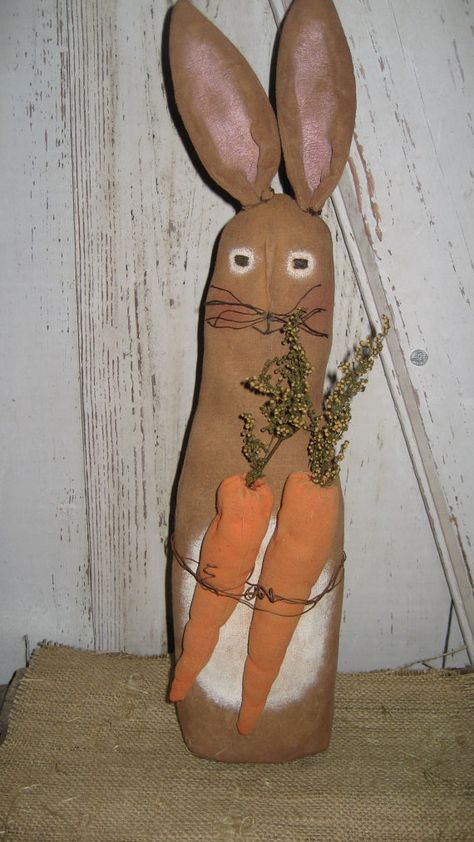 Primitive Stumpy Bunny with Carrots Easter by YorkiesPrimitives, $25.00 Primitive Spring, Primitive Rabbit, Primitive Patterns, Easter Craft Decorations, Bunny Bunny, Rabbit Easter, Easter Season, White Bunny, Primitive Crafts