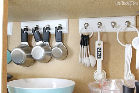 Organized Baking Cabinet Baking Utensils Organization, Kitchen Utensils Organization, Command Hooks Curtains, Baking Cabinet, Baking Supplies Organization, Baking Station, Kitchen Utensil Organization, Pot Lid Organization, Organizational Ideas