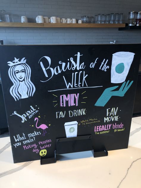 Barista of the week Barista Party Ideas, Barista Appreciation Ideas, Meet Your Barista Board, Barista Of The Month Board, Starbucks Barista Board Ideas, Starbucks Drink Of The Week Board, Starbucks Appreciation Board, Starbucks Customer Connection, Starbucks Ideas Design