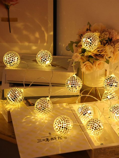 1pc Christmas Party Decoration Led Mirror Disco Ball Light String, Bar & Party Mosaic Ball Shaped Atmosphere Creating Prop, New Year's Party Decorative LightI discovered amazing products on SHEIN.com, come check them out! Led Ball Lights, Led Globe String Lights, Wooden Garden Bed, Disco Ball Light, Festive Party Decorations, String Ball Lights, Globe String Lights, Disco Lights, Mirror Ball