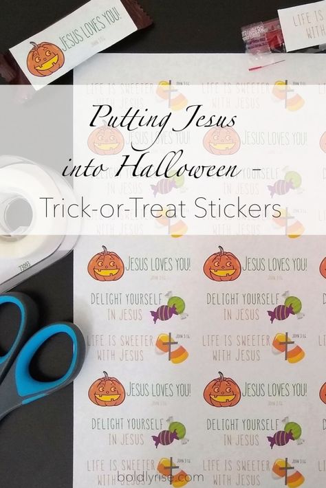 Putting Jesus into Halloween – Trick-Or-Treat Stickers Christian Treats For Halloween, Jesus Halloween Treats, Christian Trick Or Treat Ideas, Christian Halloween Treat Bags, Christian Halloween Treats, Halloween Tracts, Catholic Halloween, Church Trunk, Harvest Ideas