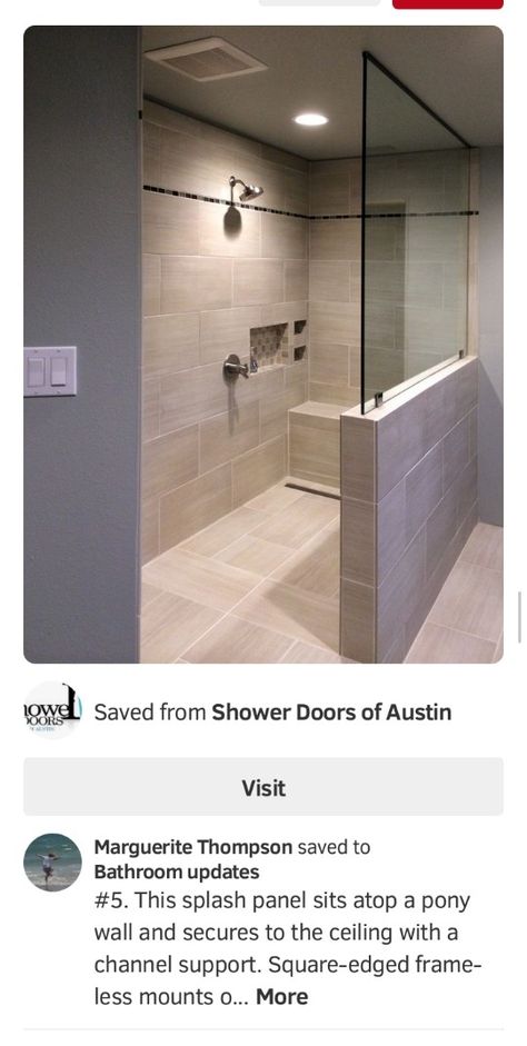 Partial Shower Wall, Showers Without Doors Tile, Driftwood Shower Wall, Screenless Showers, Shower Cutout Shelf Ideas, Half Height Shower Wall, Shower Knee Wall Ideas, Walled Shower Walk In, Half Wall Shower Walk In