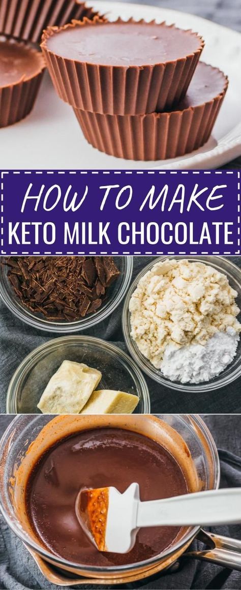 Make your own DIY low carb milk chocolate candy! #keto #glutenfree #lowcarb #chocolate #desserts It's easy to make them, and you can use whatever molds you like, so you can shape them into bars or use cupcake wrappers like I do. One of my favorite keto & lchf recipes, and great if you're looking for snacks that promote weight loss. I use a mixture of bakers chocolate, cocoa butter, stevia, and protein powder. Easy to convert to paleo -- use non-dairy protein powder. Keto Milk, Low Carb Milk, Bakers Chocolate, Keto Candy, Milk Chocolate Candy, Low Carb Dessert, Lchf Recipes, Low Carb Breakfast Recipes, Low Carb Chocolate