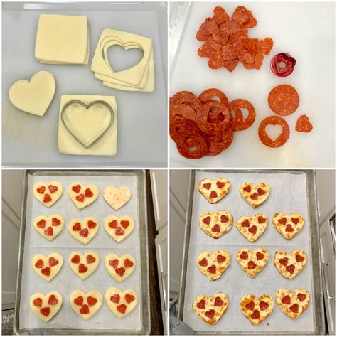 Heart-Shaped Tortilla Pizzas Valentines Heart Pizza, Diy Heart Pizza, Heart Shaped Pizza Valentines, Heart Treats Valentine Ideas, Heart Tortilla Pizza, Mini Heart Shaped Pizza, Heart Shaped Lunch, Heart Pizza Valentines, Heart Shaped Tortilla Pizza