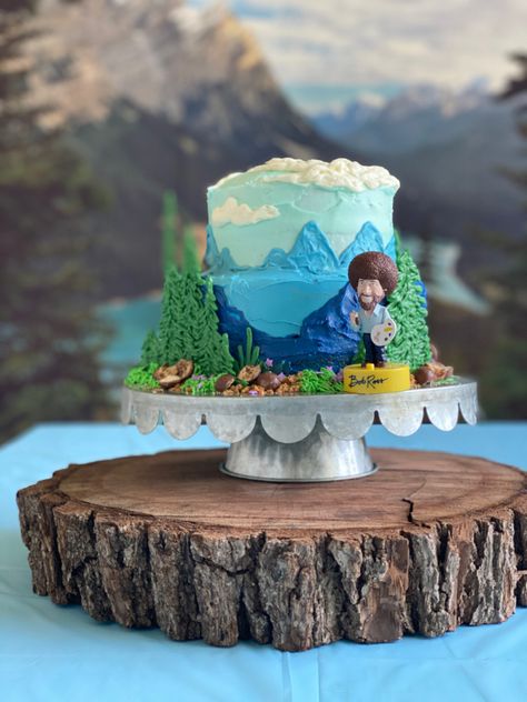 Easy bob ross cake.  Made by a regular mom. Bob Ross Cake, Bob Ross Party, Bob Ross Birthday, Art Party Decorations, Artist Cake, Bob Ross Paintings, Kids Party Food, 10th Birthday Parties, Novelty Cakes