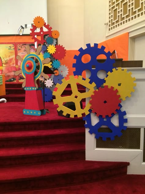 Gears VBS submerged Maker Fun Factory Vbs 2017, Maker Fun Factory Vbs, Kids Church Decor, Maker Fun Factory, Robot Theme, Robot Party, Holiday Club, Vbs Themes, Vbs Crafts