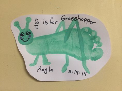 G is for Grasshopper G Is For Handprint Craft, G Footprint Craft, G Is For Craft Preschool, G Is For Craft Handprint, Letter G Footprint Craft, G Handprint Craft, Letter G Handprint Craft, Letter G Activities For Toddlers, G Crafts For Toddlers