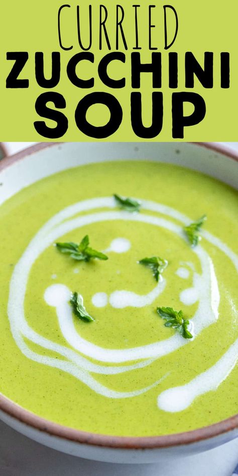 If you have an abundance of zucchini in the garden, and you love soup, this Creamy Curried Zucchini Soup is for you! It's quick and easy to make, with minimal ingredients the you may already have on hand. This flavorful zucchini soup is the perfect way to bridge the gap between summer and fall and it is such a beautiful vibrant green color! Enjoy hot or chilled. #zucchinirecipe #coconutcurry #veganfood #souprecipe #summersoup Zucchini Curry Soup, Curried Zucchini Soup, Curried Zucchini, Courgette Soup Recipe, Vegetarian Zucchini Recipes, Green Pepper Soup, Carrot Zucchini Muffins, Between Summer And Fall, Zucchini Soup Recipes