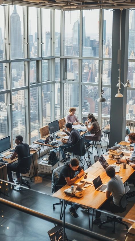 Urban Office Scene: A bustling open-plan #coworking space with workers engrossed in tasks against a #metropolis backdrop. #workspace #professionals #teamwork #aiart #aiphoto #stockcake ⬇️ Download and 📝 Prompt 👉 https://stockcake.com/i/urban-office-scene_188144_32959 Open Space Workspaces, Fun Work Environment, Startup Office Design, Advertising Office, Office Atmosphere, Office Marketing, Urban Office, Coworking Office Space, Startup Office