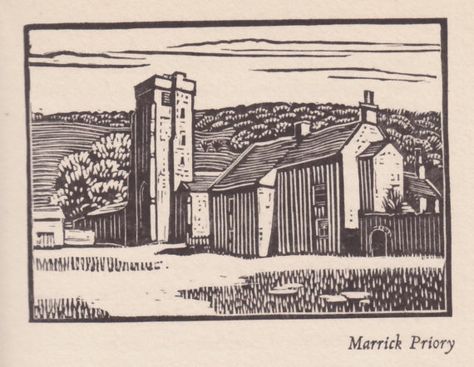 The Sylver Zone is pleased to offer:    Marrick Priory (Swaledale    A vintage wood engraving print circa 1934. Unmounted    Image size approx 3.75 by Snowy Neighborhood, Linoleum Block Printing, Linoleum Print, Linocut Printmaking, Linoleum Block, Linocut Art, Wood Block Printing, Wood Engraving, Block Printing Fabric