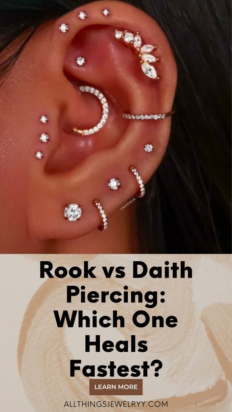 Ear Piercings Whole Ear, Pretty Daith Piercing, Best Piercings For Women, Ear Piercings All The Way Up, Ear Pierce Ideas, Daith And Forward Helix Piercing, Womens Ear Piercings Ideas, Different Ear Piercings Ideas, Different Piercings Ear