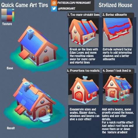 Quick Game Art Tip - Stylized House | Minions Art on Patreon Low Poly Game Art, Game House, Game Art Tutorial, Stylized House, 3d Game Assets, Minion Art, Unity Tutorials, Level Design, Idle Game