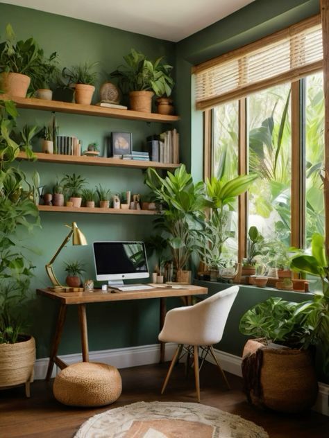 Home Office Ideas Dark Green Walls, Green And Yellow Office, Botanical Home Office, Boho Bedroom Office Combo, Botanical Office Decor, Jungle Office, Rustic Home Office Ideas, Green Home Office, Spread Love Not Hate