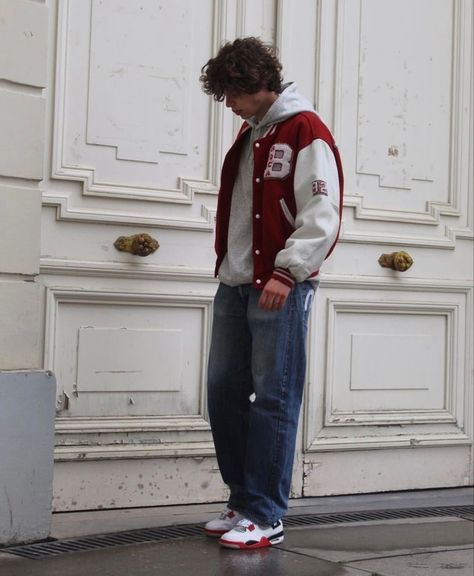 Varsity Jacket Outfit Mens, Varsity Jacket Aesthetic, Outfit Streetwear Men, Letterman Jacket Outfit, Red Jacket Outfit, Outfit Ideas Men, Varsity Jacket Outfit, Male Outfits, Oversize Style