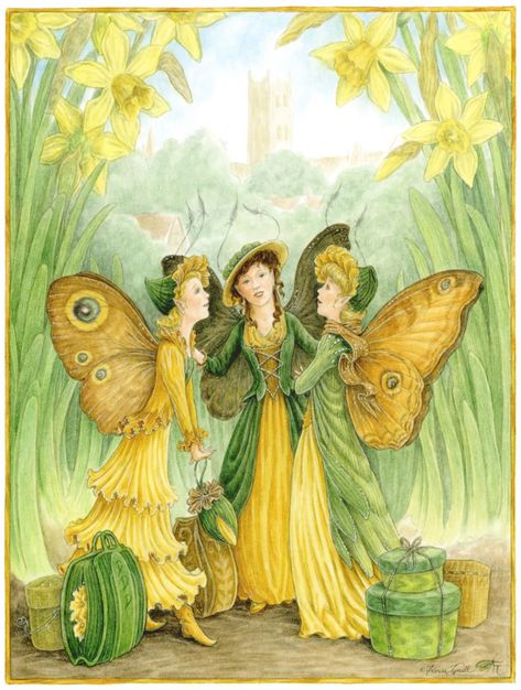 Daffodil Fairies, The Illustrated Fairy Gazette   "Daffy-down-dilly has come to town, in a yellow petticoat and a green gown."  Every spri... Daffodil Fairy, Flower Fairies Books, Fantasy Fairies, Angels And Fairies, Fairy Home, Cicely Mary Barker, Vintage Fairy, Green Gown, Vintage Fairies