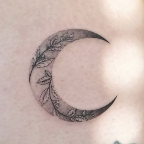 Half Moon Tattoo Cover Up, Realistic Crescent Moon Tattoo, Moon With Vines Tattoo, Moon Neck Tattoos Women, Moon With Leaves Tattoo, Negative Space Moon Tattoo, Creative Moon Tattoo, Large Moon Tattoo, Upside Down Moon Tattoo