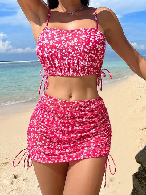 Hot Pink  Collar   Ditsy Floral  Embellished High Stretch  Women Clothing Cute Beach Outfits, Beach Party Outfits, Trendy Swimsuits, Swimsuits Outfits, Beachwear Fashion, Beach Skirt, Pink Swimsuit, Pink Pattern, Cute Swimsuits