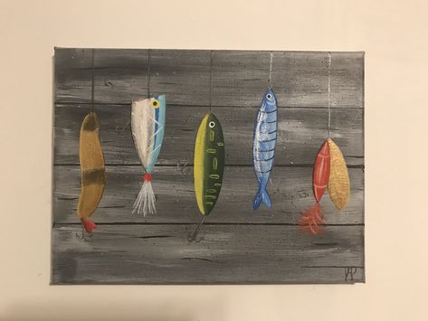 9 x 11 Canvas Acrylic painting, #fishing #lures #painting #art #artpainting #fish Fishing Lures Painting, Acrylic Fishing Painting, Bass Fish Painting Acrylic Easy, Fishing Canvas Painting, Fishing Art Drawing, Fishing Lure Painting, Bass Painting, Mural House, Initial Painting