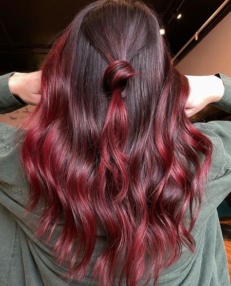 Red Burgandy Hair Balayage, Maroon Hair Balayage, Faded Out Red Hair, Burgundy Red Balayage, Red Hair Ombre Brown, Vibrant Red Balayage Hair, Cherry Red Hair With Dark Roots, Bright Red Balayage Hair Brunettes, Brunette Hair With Red Balayage