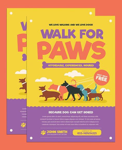 Dog Walker Flyer, Dog Walking Flyer, Pet Event, Pet Branding, Free Psd Flyer Templates, Online Logo Design, Free Website Templates, Event Poster Design, Dog Poster