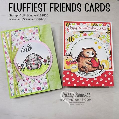 Stampin\' Up! card with Fluffiest Friends bundle colored with Stampin\' Blends alcohol markers by Patty Bennett Stampin Up Furriest Friends, Beauty Of Friendship Stampin Up Cards, Fluffiest Friends Stampin Up Cards, Fluffiest Friends, Stampin Up Easter Cards, Stampin Up Birthday, Patty Bennett, Stampin Blends, Free Stamps