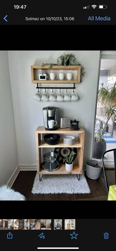 Appt Decor Small Spaces, Small First Apartment Decorating, Small Coffee Bar Decor, Coffee Bars For Small Spaces, Coffee Stand Ideas Home, Simple Home Decor Kitchen, Small Apartment Couch Ideas, Tiny Apartment Decorating Living Room, Small Coffee Bar Ideas Office