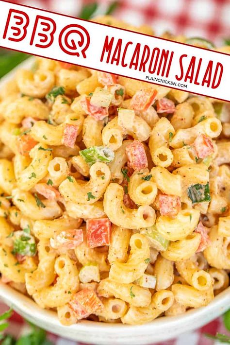 BBQ Macaroni Salad – seriously DELICIOUS! So simple, yet so amazing! Macaroni, red bell pepper, celery, green onions, cider vinegar, hot sauce, chili powder, cayenne, garlic, mayonnaise, and BBQ sauce. Can make ahead and refrigerate until ready to eat. Perfect for a summer potluck! Such an easy side dish recipe! #pastasalad #potluck #picnic #sidedish