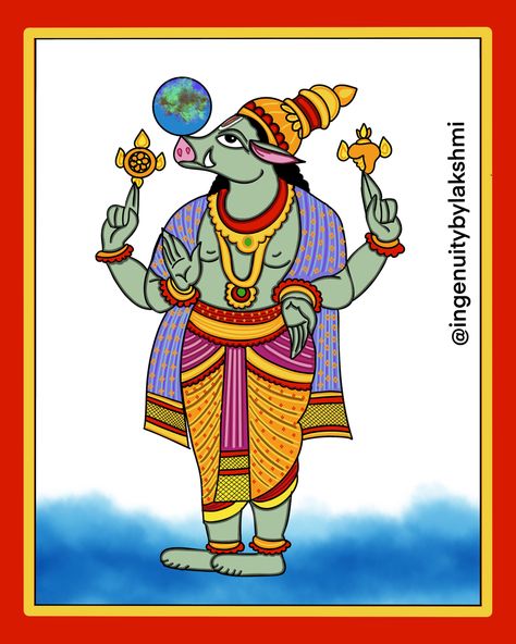 Third in the 10 avatar of Vishnu, Varaha avatar is the lord’s incarnation where he took the form of a boar for the sole purpose of rescuing Mother Earth from the cosmic ocean where she was thrown by the demon Hiranyakash. . Here in this illustration I chose to depict this avatar as part God and part boar lifting Mother Earth on his snout .. hope I have maintained the authentic phad style in this painting. Sometimes it is easy to deviate from the artform while adding details but I have done my be Vishnu 10 Avatars Drawing, Phad Painting Easy, Varaha Avatar Drawing, Varaha Avatar, Diwali Mandala, Divine Paintings, Vishnu Incarnation, Cosmic Ocean, Phad Painting