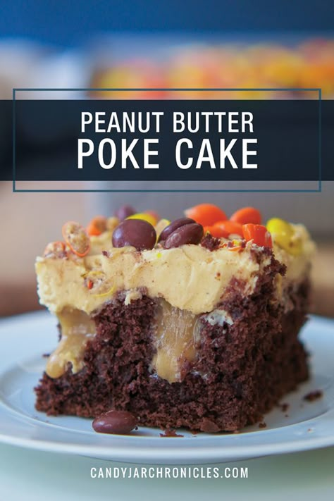 Peanut Butter Poke Cake Chocolate Peanut Butter Poke Cake, Peanut Butter Poke Cake, Easy Poke Cake, Chocolate Cake With Peanut Butter, Devil's Food Cake, Chocolate Poke Cake, Chocolate Peanut Butter Cake, Peanut Butter Sauce, Poke Cake Recipes