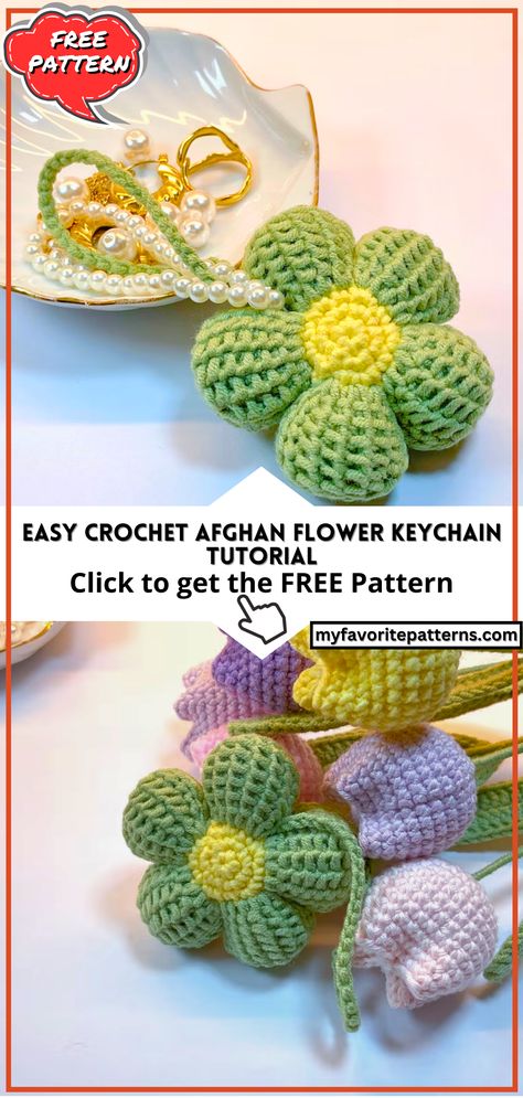 Easy Crochet Afghan Flower Keychain Tutorial Crochet Keyring Free Pattern, Keychain Tutorial, Easy Amigurumi Pattern, Crochet Yarns, Crochet Flowers Free Pattern, Flower Keychain, Beginner Crochet Tutorial, Crochet Keychain Pattern, Trendy Crochet