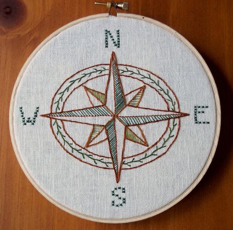 Compass Rose Wall Art Embroidery, Finished & Framed. $40.00, from bythelindentree Compass Embroidery, Embroidered Wall Hanging, Boho Embroidery, Rose Wall Art, Compass Design, Blackwork Embroidery, Sashiko Embroidery, Handmade Embroidery Designs, Rose Wall