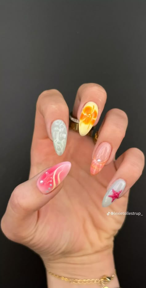 Funky Vacation Nails, Almond Nails Designs 2024, Carribean Nails Summer, Colorful Summer Nails 2024, Frank Ocean Inspired Nails, Disney Nails Aesthetic, Summer Nail Designs 2024 Almond, Cool Nail Inspo 2024 Summer, Cabo Nail Ideas