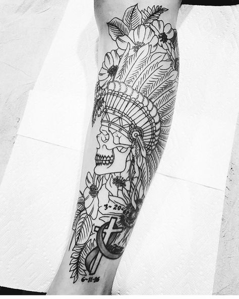 Skull in Indian Head dress with flowers Feather Headdress Tattoo, Headress Tattoos, Arrow Head Tattoos, Indian Headdress Tattoo, Indian Headress, Headdress Tattoo, Wing Tattoo Men, Tattoo With Flowers, Shin Tattoo