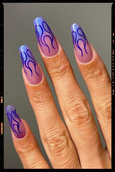 Acrylic Nails - Flame Nails - Purple Nails Flame Design Nails, Acrylic Nails With Purple, Nails With Purple, Nail Designs For 2023, The Best Nail Designs, Flame Nails, Flame Nail Art, Purple Flame, Halloween Acrylic Nails