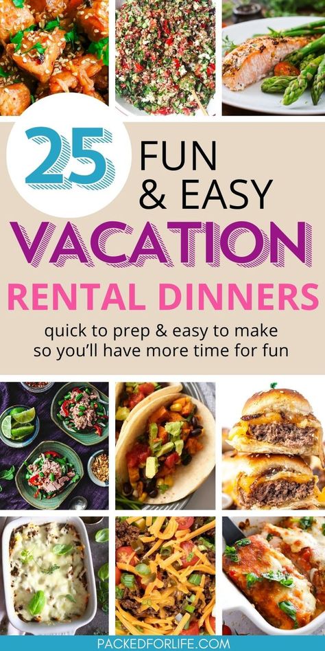 Nine vacation rental dinnersl tacos, sliders, chicken bake, casseroles, taco & quinoa salad, chicken stirfry. Easy Cottage Meals, Beach Dinner Recipes, Vacation Dinner Ideas, Family Vacation Meals, Beach Day Food, Easy Vacation Meals, Beach Vacation Meals, Family Fun Dinner, Vacation Meal Planning