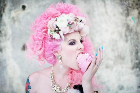 Rock n Revolution  A Parisian Punk Rock Marie Antoinette Photo Shoot The Final Results! Pink Hair, Tea Party, A Woman, Tea, Cake, Flowers, Wall, Hair, Pink