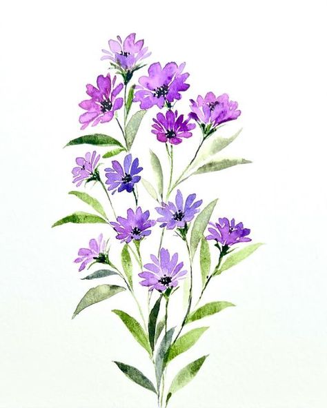 Violet Watercolor Flower, Violet Artwork, The Color Lavender, Purple Flower Painting, Leavers Shirt, Purple Watercolor Flowers, Watercolour Challenge, Loose Watercolor Flowers, Wildflower Paintings