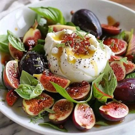 Chef paula deen | Summer Fig Burrata Salad | Facebook Fig Burrata, Fig Appetizer, Fig Salad, Burrata Salad, Burrata Cheese, Recipes Summer, Salad Sauce, Toasted Pine Nuts, Eat Salad