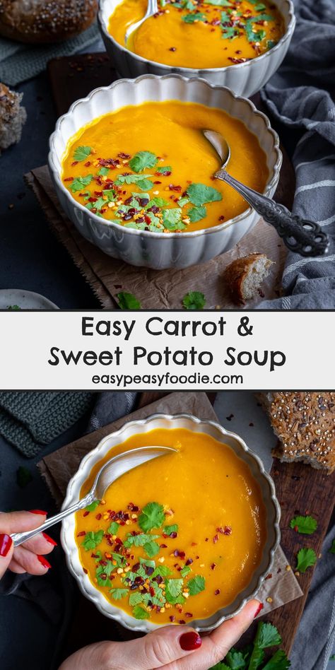 This Easy Carrot and Sweet Potato Soup is a delicious combination of onions, carrots, sweet potatoes and just a touch of spice. Not only is it delicious, but it’s packed with nutritional goodness, it counts as 3 of your 5 a day and only contains 219 calories! #soup #vegetablesoup #carrotsoup #sweetpotatosoup #carrotandsweetpotato #vegansoup #vegetariansoup #makeahead #fillthefreezer #weekdaylunch #officelunch #under500calories #easymidweekmeals #midweekmeals #easyrecipes #easypeasyfoodie Carrot And Sweet Potato Soup, Curried Parsnip Soup, Carrot And Sweet Potato, Sweet Potato Carrot Soup, Sweet Potato Soup Vegan, Carrots Sweet, Carrot And Coriander Soup, Carrot And Lentil Soup, Sweet Potato Soup Recipes