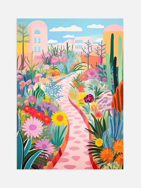 This pastel botanical landscape painting is inspired by the Miracle Garden in Dubai. The print has a vibrant pastel colour palette perfect for adding a pop of colour to your walls. English Scenery, Pastel Botanical, Daily Illustration, Pastel Colors Art, Secret Garden Colouring, Miracle Garden, Maximalist Style, Pastel Walls, Pastel Colour Palette