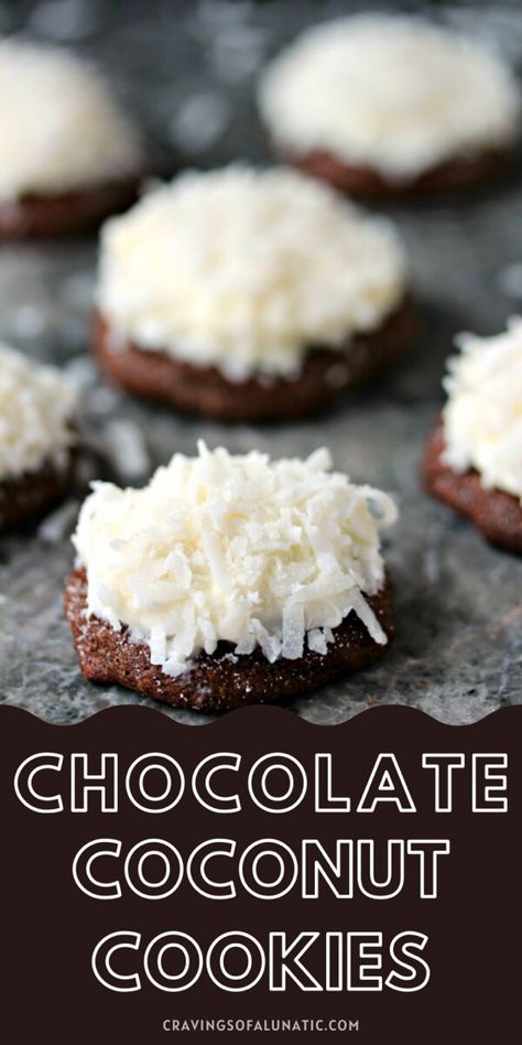 Chocolate cookies topped coconut cream cheese and more flaked coconut. Desert Christmas, Coconut Cream Cheese, Chocolate Coconut Cookies, Chocolate Christmas Cookies, Best Chocolate Desserts, Comfort Desserts, Crazy Cookies, Holiday Baking Recipes, Cookie Christmas