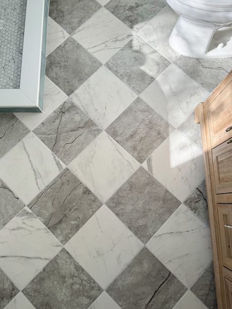 Primary Bathroom Remodel Reveal – from Outdated Beige to Beautiful Blue | guitar & lace Primary Bathroom Remodel, Powder Room Tile, Room Tiles Floor, Blue Shower Tile, Laundry Room Tile, Casual Home Decor, Blue Bathroom Tile, Mudroom Flooring, Foyer Flooring